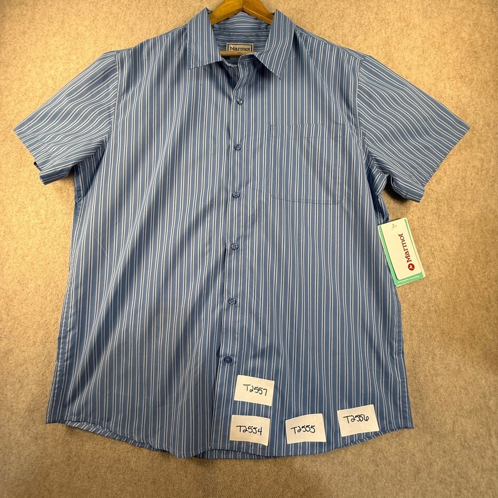 NWT Marmot AirExchange UPF 40 Novelty Shirt Mens XL Blue Striped Short Sleeve